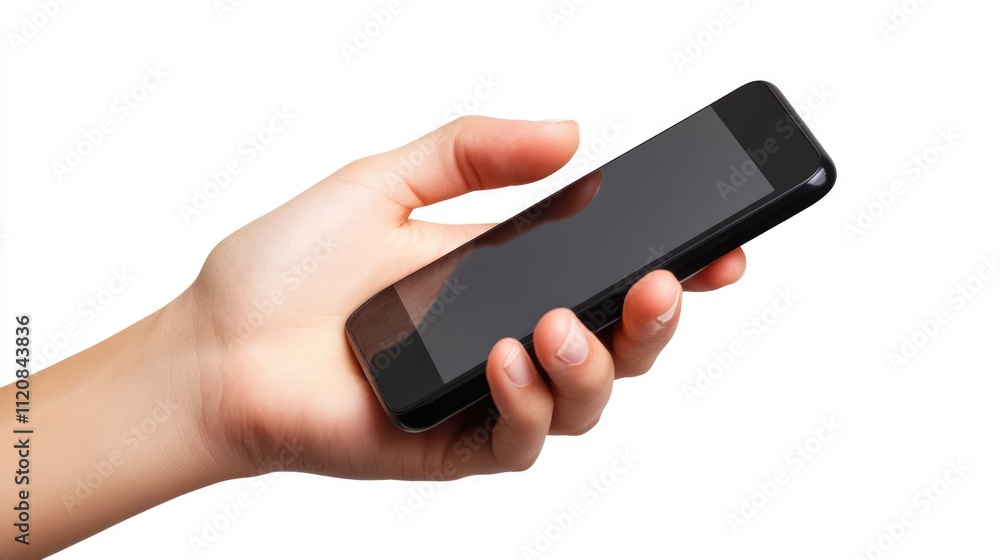 Hand holding modern black smartphone with blank screen on white background, showcasing technology and communication concept. Hand holding modern black smartphone with blank screen on white background, showcasing technology and communication concept.