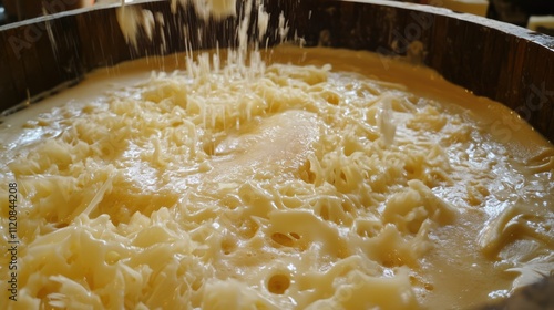 Gruyere Cheese Making Process at Dairy with Freshly Curds and Creamy Texture photo