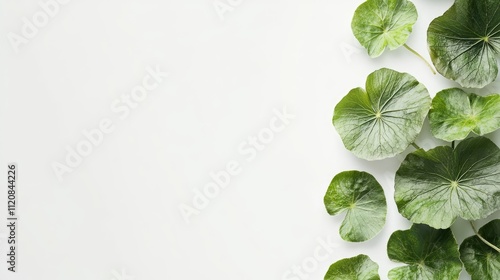 Fresh gotu kola leaves arranged on a minimalistic white background showcasing their vibrant green color and unique texture. photo