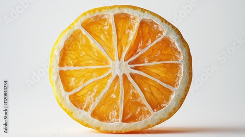 Dried lemon slice displayed against a clean white background emphasizing its textured interior and vibrant yellow color. photo