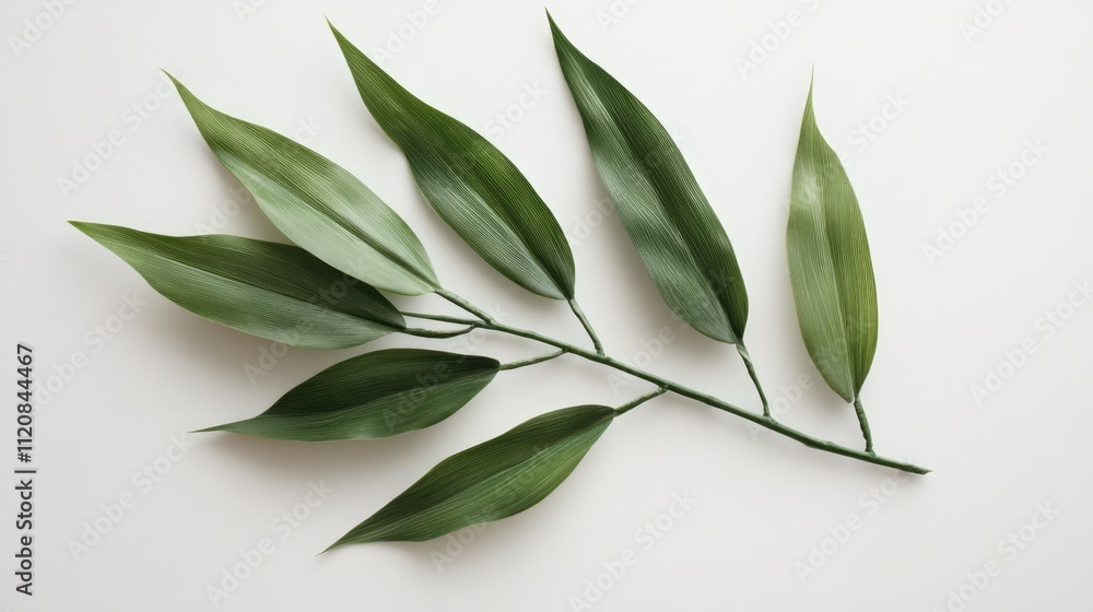Fototapeta premium Bamboo leaves arrangement on a clean white background showcasing vibrant greenery and natural beauty for design and decor purposes.
