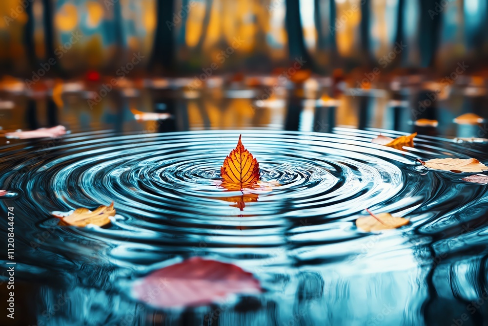 A solitary leaf creates ripples on a tranquil forest pond in autumn. A solitary leaf creates ripples on a tranquil forest pond in autumn.