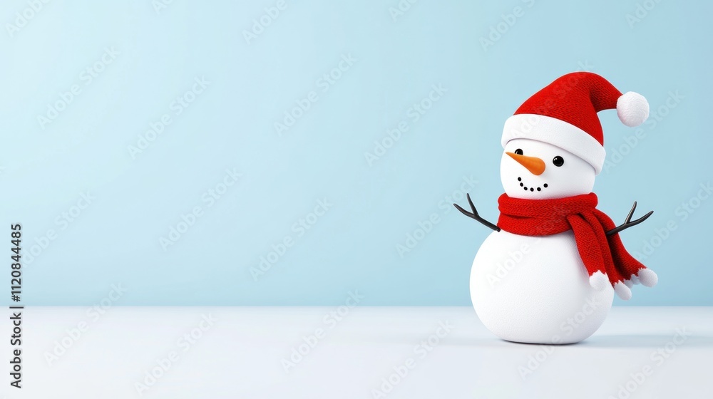 A cheerful snowman wearing a red hat and scarf against a blue background.