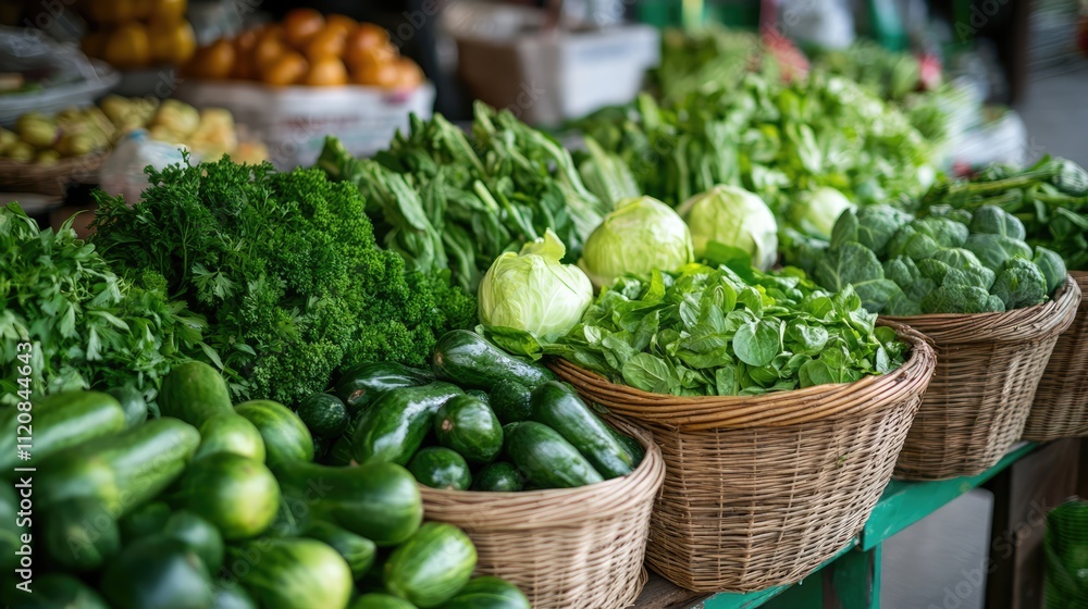 Vibrant assortment of fresh organic greens in woven baskets at a Thai market showcasing natural produce and sustainable gardening practices Vibrant assortment of fresh organic greens in woven baskets at a Thai market showcasing natural produce and sustainable gardening practices