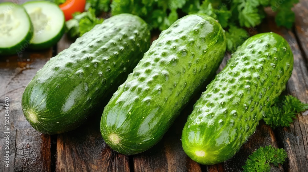 Freshly harvested organic cucumbers arranged on a rustic wooden table with herbs and vegetables in a greenhouse setting Freshly harvested organic cucumbers arranged on a rustic wooden table with herbs and vegetables in a greenhouse setting