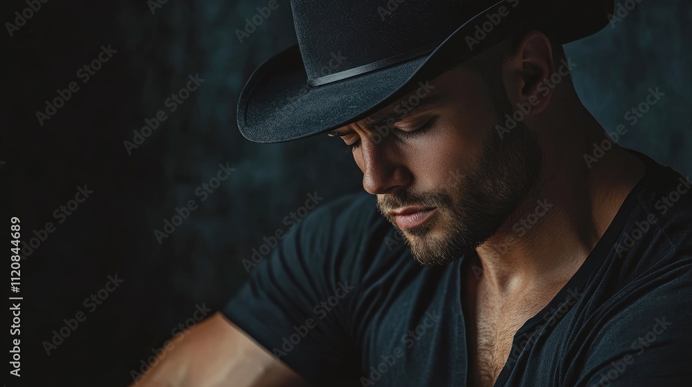 Contemplative fit man in a black hat with a serious expression reflecting on life against a dark textured background. Contemplative fit man in a black hat with a serious expression reflecting on life against a dark textured background.