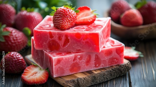 Handmade organic strawberry soap with fresh berries on wooden board in natural light