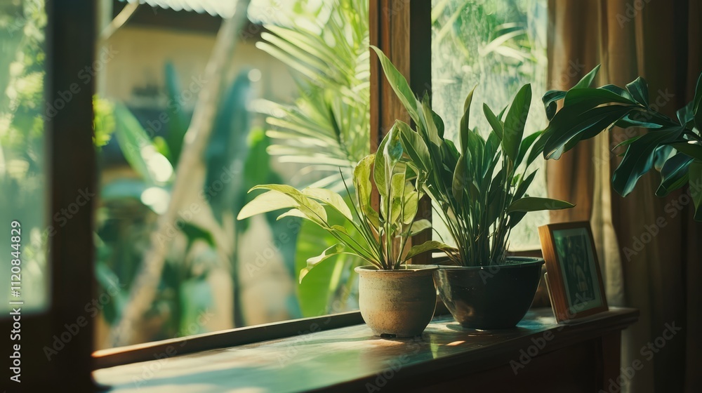 Indoor plants on a windowsill bringing nature indoors in a bright room setting with natural light in Vientiane, Laos. Indoor plants on a windowsill bringing nature indoors in a bright room setting with natural light in Vientiane, Laos.