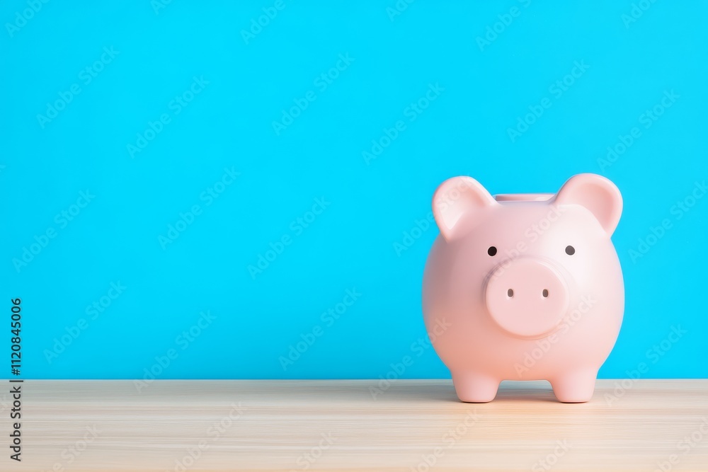 A pink piggy bank stands on a wooden surface against a bright blue background, symbolizing savings and financial management. A pink piggy bank stands on a wooden surface against a bright blue background, symbolizing savings and financial management.