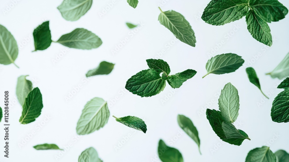 Falling fresh mint leaves on a light background showcasing their vibrant green color and texture for culinary and herbal themes