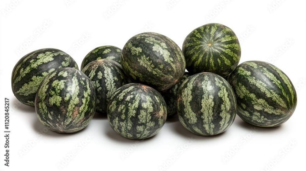 Fresh and vibrant watermelons stacked together on a clean white background showcasing their rich colors and textures Fresh and vibrant watermelons stacked together on a clean white background showcasing their rich colors and textures