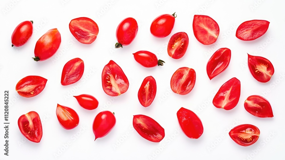 Fresh sliced ripe tomatoes arranged artfully on a white background showcasing vibrant colors and textures for culinary or health designs. Fresh sliced ripe tomatoes arranged artfully on a white background showcasing vibrant colors and textures for culinary or health designs.