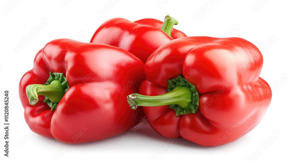 Fresh ripe red bell peppers stacked against a clean white background showcasing their vibrant color and healthy appeal for culinary uses. Fresh ripe red bell peppers stacked against a clean white background showcasing their vibrant color and healthy appeal for culinary uses.