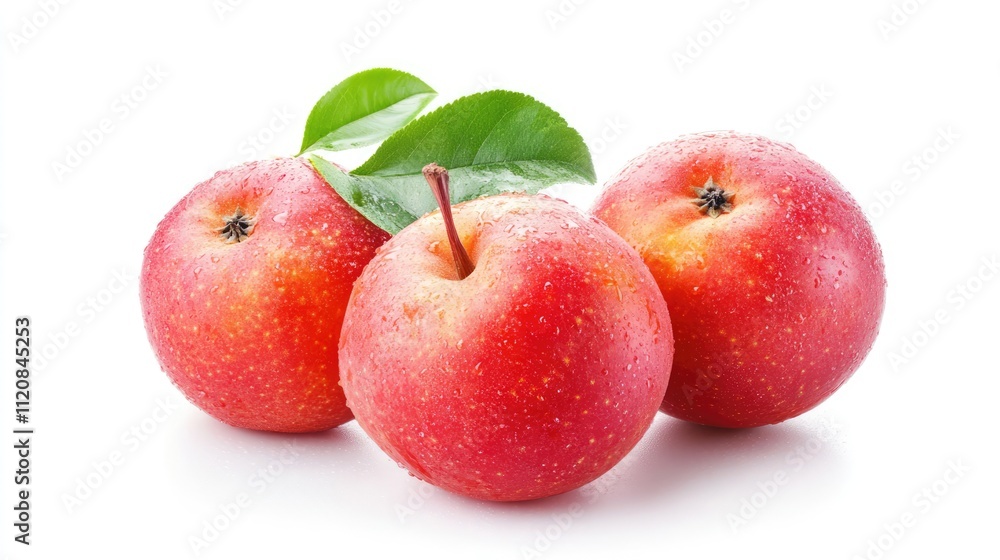 Fresh red apples with water droplets and green leaves against a white background. Fresh red apples with water droplets and green leaves against a white background.