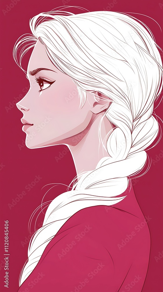 Profile view of a woman with long white braid against a crimson background. Profile view of a woman with long white braid against a crimson background.