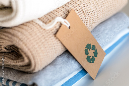 Knitted warm clothes neatly folded heap with craft tag recycling material circle arrow closeup