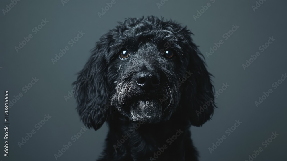 Grey labradoodle dog portrait on a grey background showcasing its expressive features and soft fur in a professional studio setting Grey labradoodle dog portrait on a grey background showcasing its expressive features and soft fur in a professional studio setting