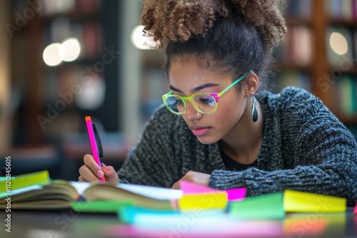 Student studying with colorful supplies in library photo