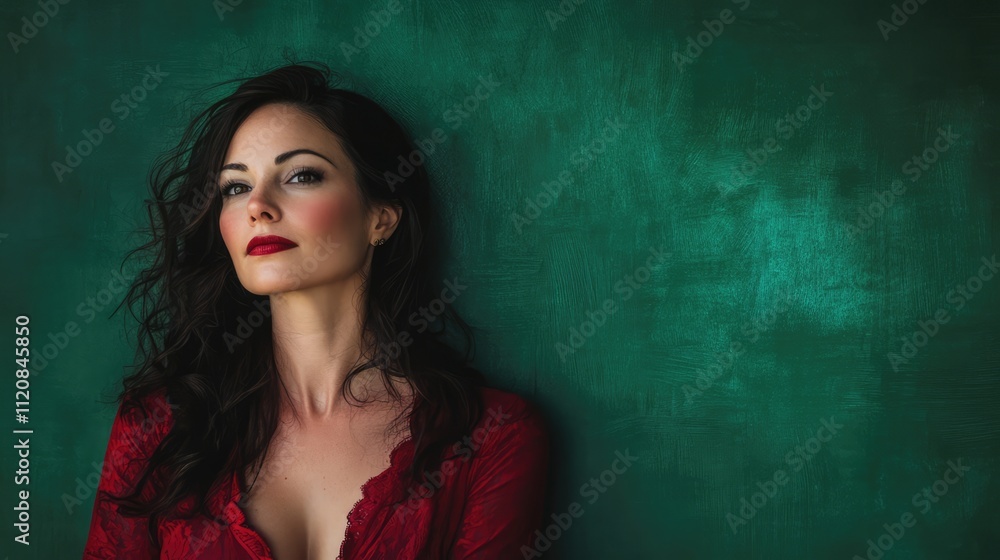 Elegant portrait of a confident woman with striking features and bold red attire against a rich green backdrop Elegant portrait of a confident woman with striking features and bold red attire against a rich green backdrop