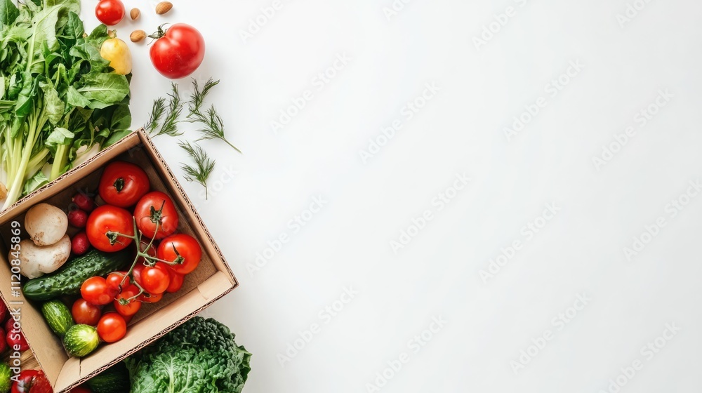 Assorted fresh vegetables and fruits in a wooden box on a table showcasing healthy food delivery concept with white background Assorted fresh vegetables and fruits in a wooden box on a table showcasing healthy food delivery concept with white background