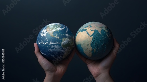 Two contrasting Earths held in hands on dark background, symbolizing climate crisis.