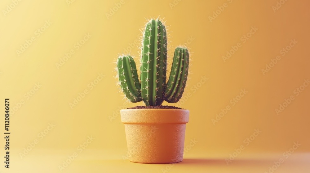 Stylish green cactus in terracotta pot against vibrant yellow background showcasing modern home decor aesthetics Stylish green cactus in terracotta pot against vibrant yellow background showcasing modern home decor aesthetics