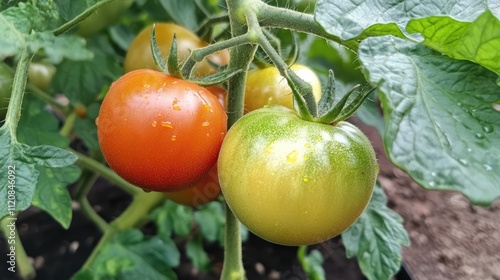 Growing tomatoes in high beds with drip irrigation inside a greenhouse showcasing ripe and developing fruit on vine in a healthy environment photo