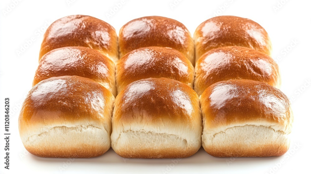 Homemade freshly baked wheat flour buns arranged in a neat grid isolated on a white background ideal for culinary and food imagery Homemade freshly baked wheat flour buns arranged in a neat grid isolated on a white background ideal for culinary and food imagery