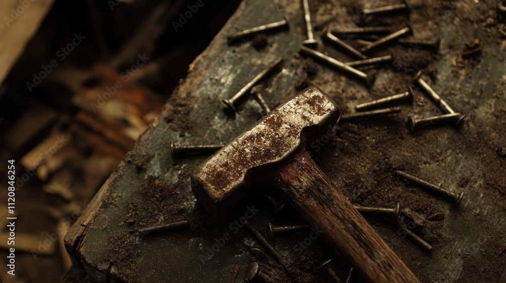Rustic hammer resting on a weathered surface with scattered old nails showcasing vintage craftsmanship and heavy wear from use. Rustic hammer resting on a weathered surface with scattered old nails showcasing vintage craftsmanship and heavy wear from use.