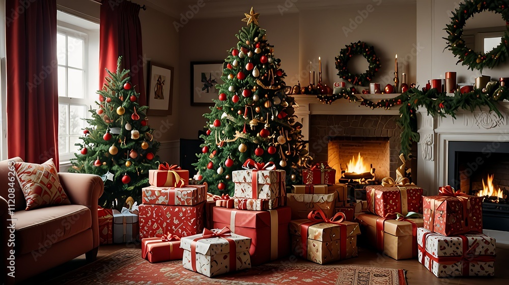 A room is decorated A festive holiday sitting with towe ring on the occasions of Christmas celebration with decorative tree with packing box gift A room is decorated A festive holiday sitting with towe ring on the occasions of Christmas celebration with decorative tree with packing box gift