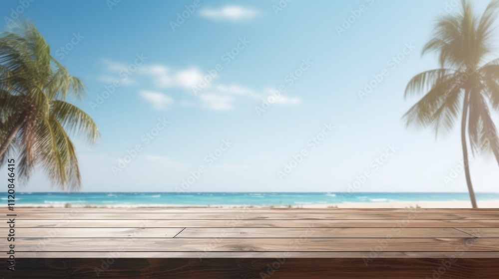 Wooden table top on blur beach background, display or montage products Wooden table top on blur beach background, display or montage products