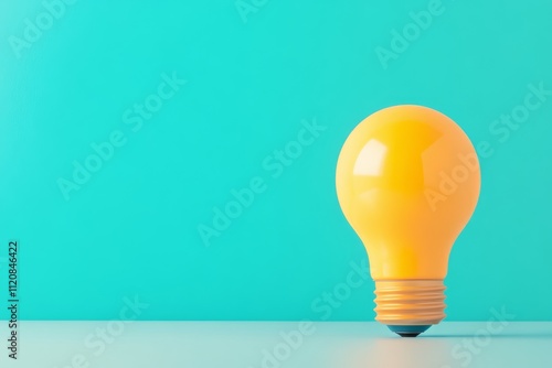 A bright yellow light bulb stands on a table against a vibrant turquoise background, symbolizing creativity and innovation.