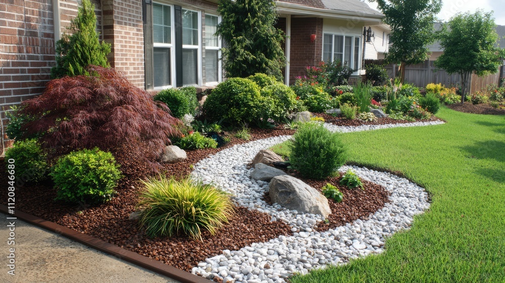 Elegant Front Yard Landscape Design Featuring Decorative Pebbles Lush Greenery and Rocks in a Serene Outdoor Setting Elegant Front Yard Landscape Design Featuring Decorative Pebbles Lush Greenery and Rocks in a Serene Outdoor Setting