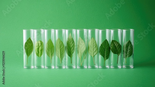 Green leaves arranged in test tubes showcasing biodiversity against a vibrant green background photo