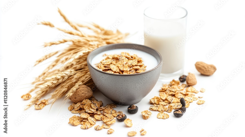 Nutritious bowl of cereal with milk surrounded by nuts and wheat stalks on a clean white background for healthy breakfast concepts Nutritious bowl of cereal with milk surrounded by nuts and wheat stalks on a clean white background for healthy breakfast concepts