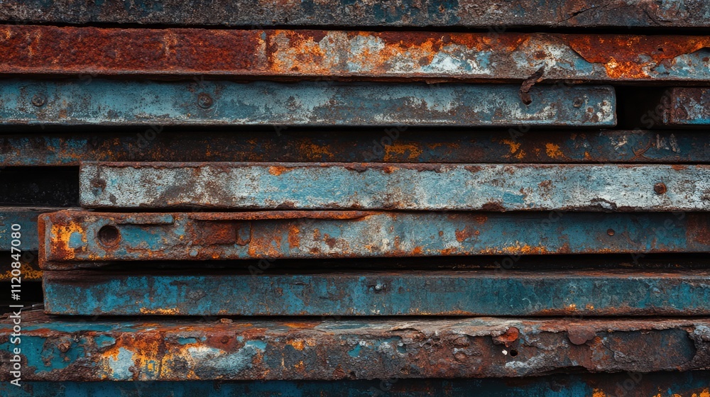 Rusty metal plates in a grunge stack exhibiting aging textures and colors ideal for industrial or vintage design themes. Rusty metal plates in a grunge stack exhibiting aging textures and colors ideal for industrial or vintage design themes.