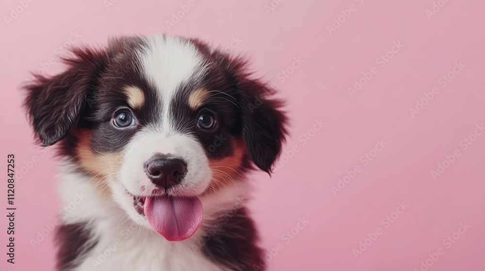 Playful Australian shepherd puppy with joyful expression on pink background, capturing the essence of summer and spring cheerfulness. Playful Australian shepherd puppy with joyful expression on pink background, capturing the essence of summer and spring cheerfulness.