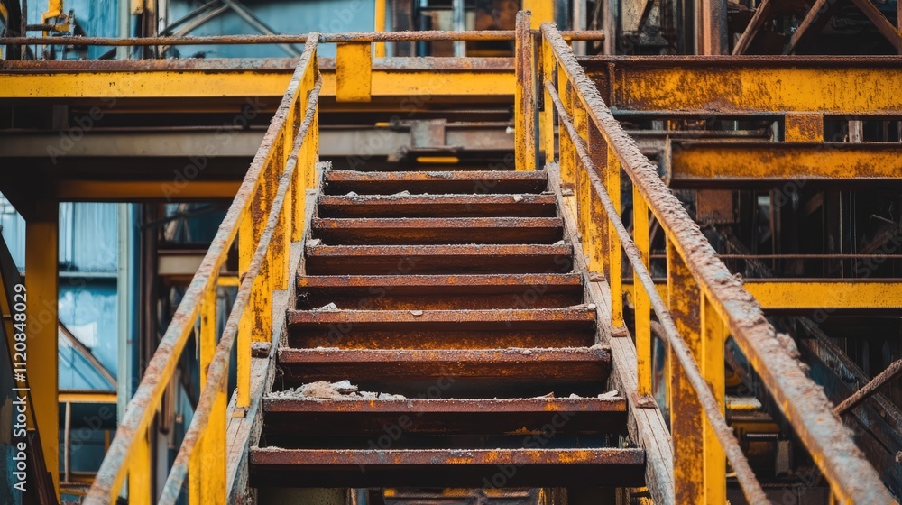 Rusting staircase in an abandoned coal plant showcasing industrial decay and weathered textures in an atmospheric setting. Rusting staircase in an abandoned coal plant showcasing industrial decay and weathered textures in an atmospheric setting.