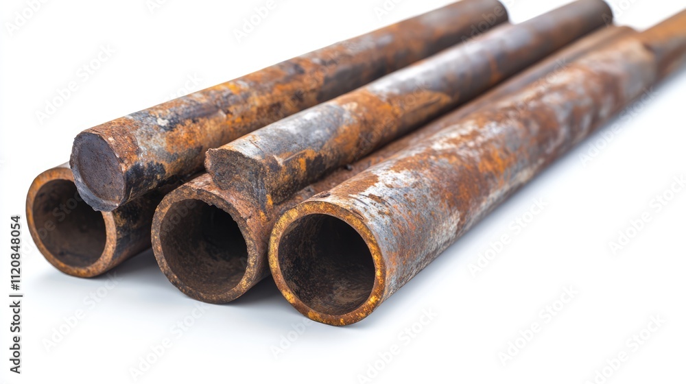 Rusty iron pipes stacked against a white background showcasing texture and decay in industrial materials for design and construction concepts. Rusty iron pipes stacked against a white background showcasing texture and decay in industrial materials for design and construction concepts.