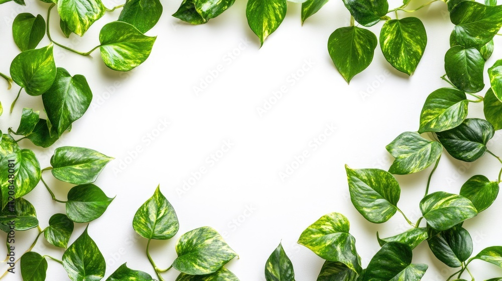 Tropical foliage border of golden pothos leaves on a clean white background for nature-themed designs and decoration concepts Tropical foliage border of golden pothos leaves on a clean white background for nature-themed designs and decoration concepts