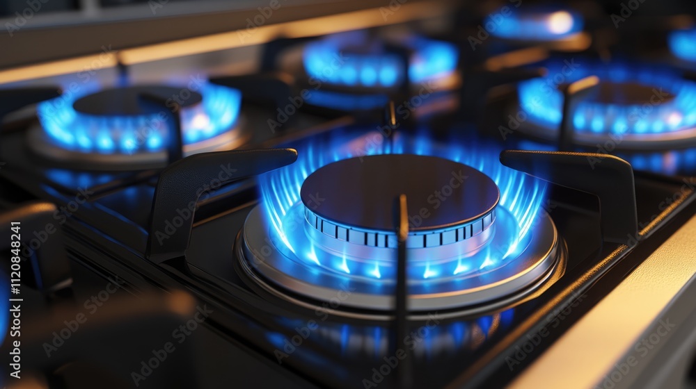 Gas burner with blue flame in a sleek modern kitchen design highlighting contemporary cooking appliances and stylish interiors Gas burner with blue flame in a sleek modern kitchen design highlighting contemporary cooking appliances and stylish interiors