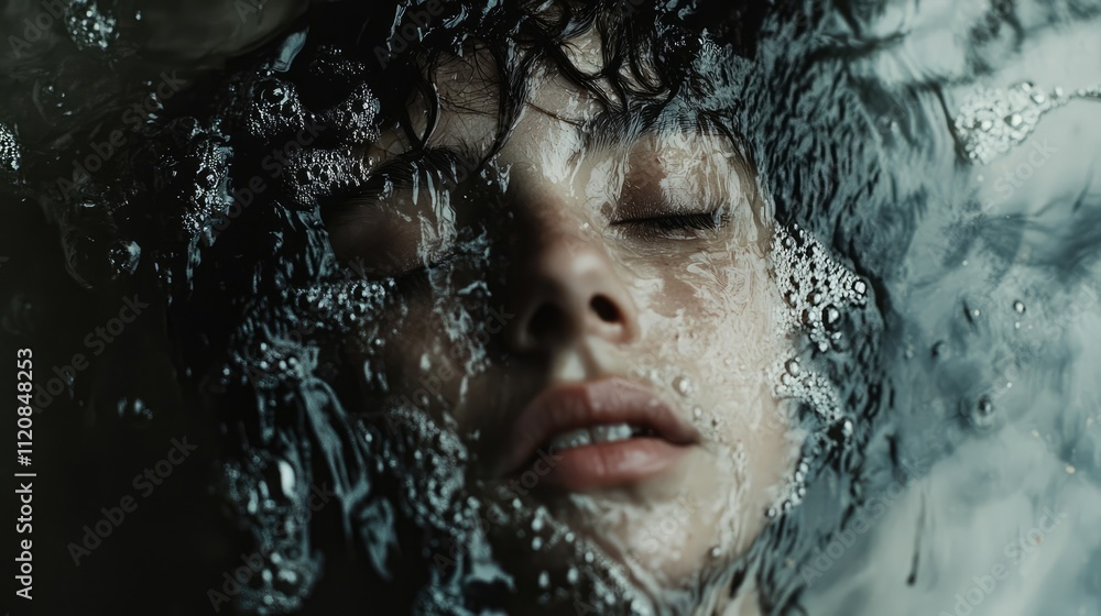 Tranquil underwater portrait of a serene young woman submerged in water surrounded by bubbles and soft light creating a calming atmosphere Tranquil underwater portrait of a serene young woman submerged in water surrounded by bubbles and soft light creating a calming atmosphere