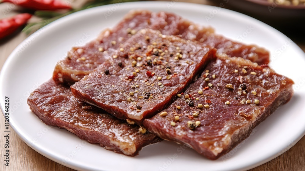 Grilled beef slices seasoned with black pepper on a clean white plate garnished with fresh herbs and red chili peppers Grilled beef slices seasoned with black pepper on a clean white plate garnished with fresh herbs and red chili peppers