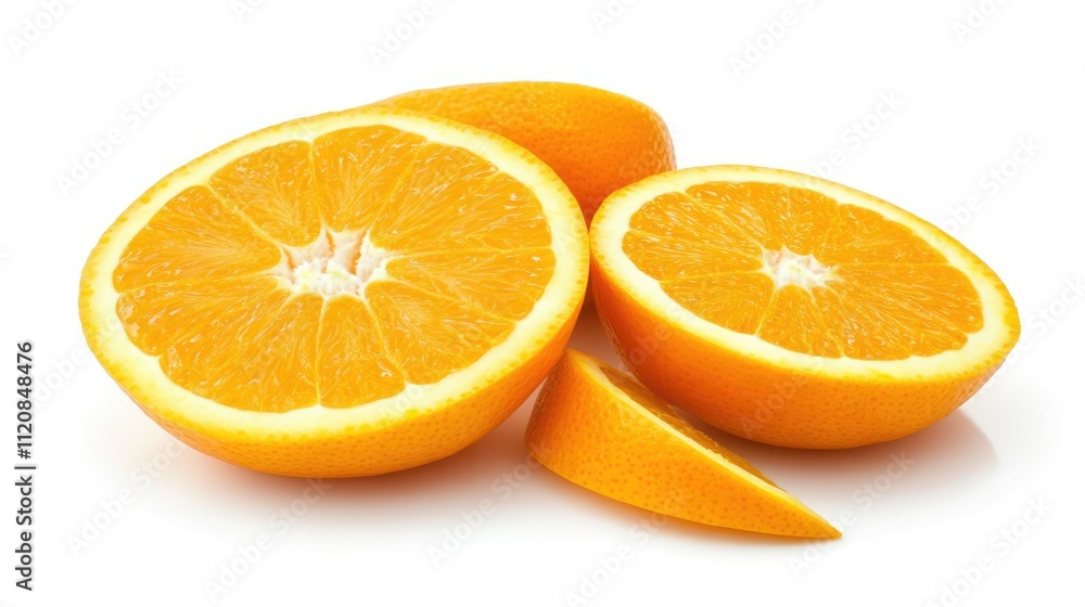 Freshly sliced juicy oranges displayed in close-up on a white background highlighting their vibrant color and texture for culinary use. Freshly sliced juicy oranges displayed in close-up on a white background highlighting their vibrant color and texture for culinary use.