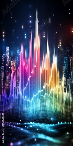 Colorful digital waveform representing futuristic cityscape with neon lights.