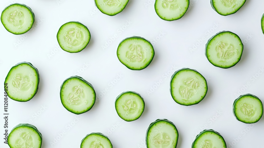 Sliced cucumber pieces arranged on a white background showcasing freshness and vibrant color for healthy food concepts Sliced cucumber pieces arranged on a white background showcasing freshness and vibrant color for healthy food concepts