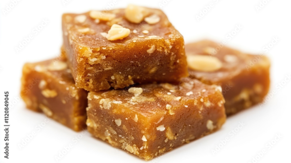 Delicious Halwa Indian sweet treat stacked with nuts on a white background perfect for dessert or snack advertising. Delicious Halwa Indian sweet treat stacked with nuts on a white background perfect for dessert or snack advertising.