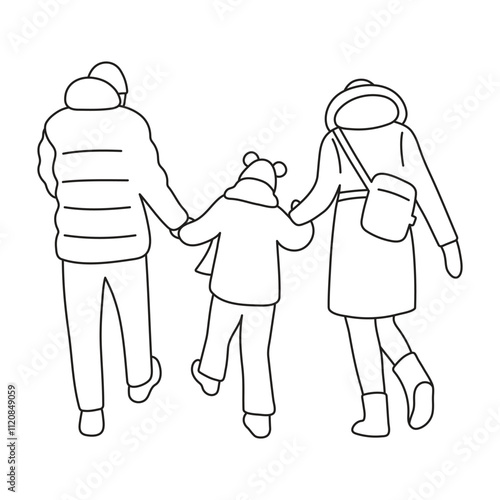 Back View Of Happy Couple with Child Walking Together Holding Hands Outdoors in Winter Time. Outline Black and White Picture With Editable Stroke Only No Filling. Coloring Page. Vector illustration