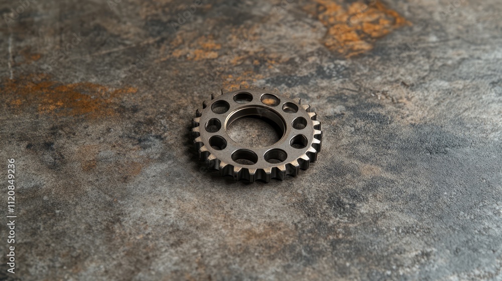 Metal gear on textured cement floor background ideal for automotive and bicycle engine design and engineering concepts.