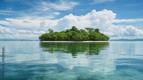 Serene Tropical Island Surrounded by Calm Waters and Lush Greenery Under a Bright Blue Sky photo